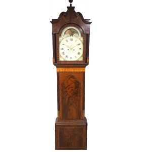 19THC English Longcase Clock in Mahogany Painted Moon Roller Dial 8-Day Signed Martin Clayton                 