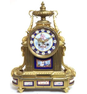Antique French Mantel Clock – 8-Day Striking Blue Sevres Gilt Mantle Clock C1880