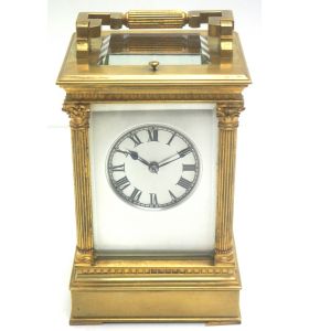 Antique French 8-Day Repeat Carriage Clock – Corinthian Column Case with Silver Masked Dial.