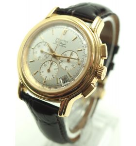 Vintage 18K Gold Zenith El Primero Exhibition Back Chronometer Gents Watch Triple Subsidiary Dial Day Date with Sweeping Seconds Hand